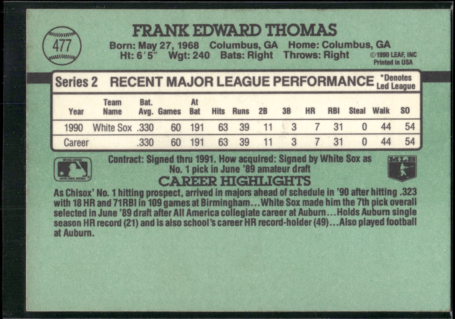 1991 Donruss #477 Frank Thomas