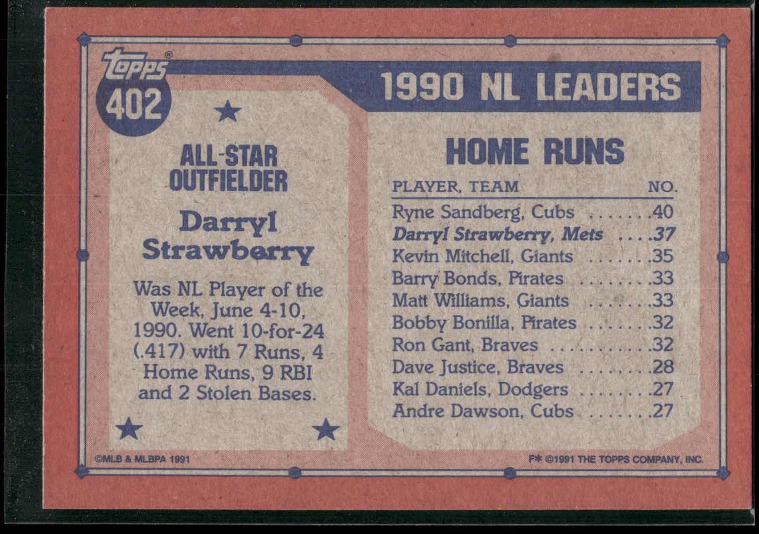 1991 Topps #402 Darryl Strawberry