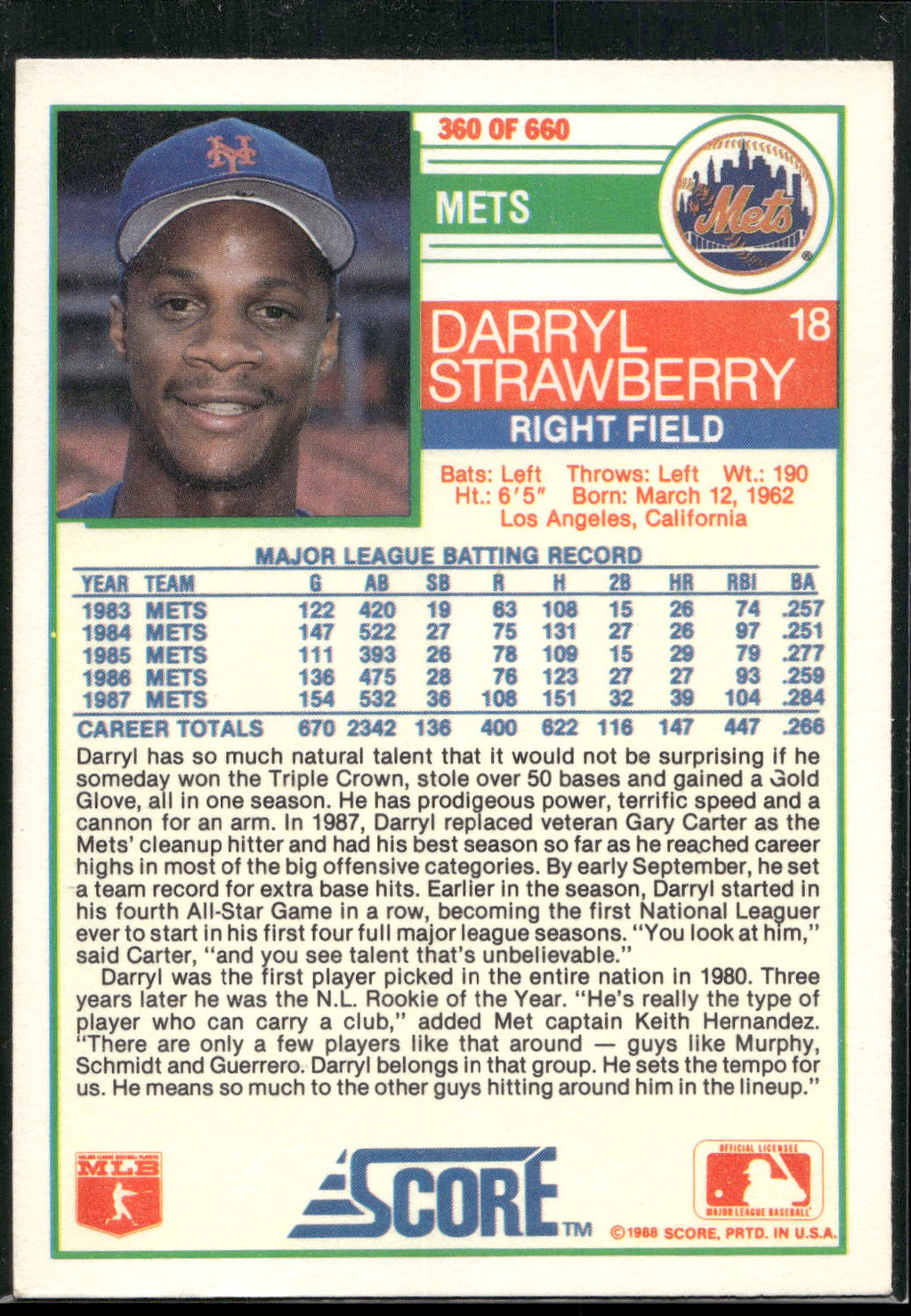 1988 Score #360 Darryl Strawberry