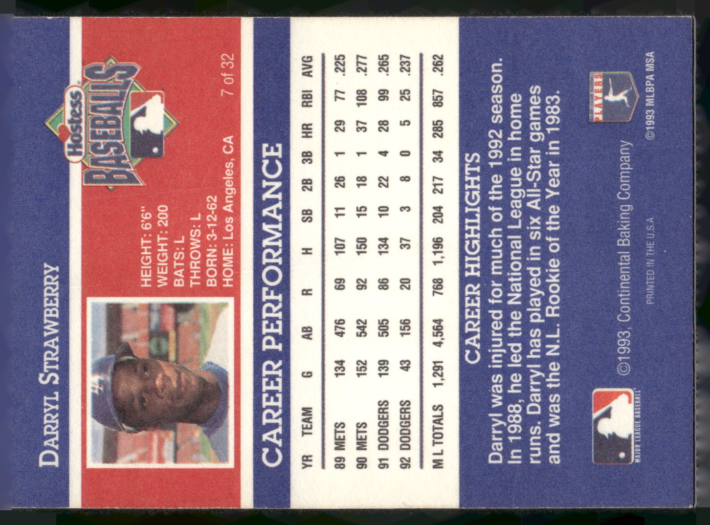 1993 Hostess #7 Darryl Strawberry