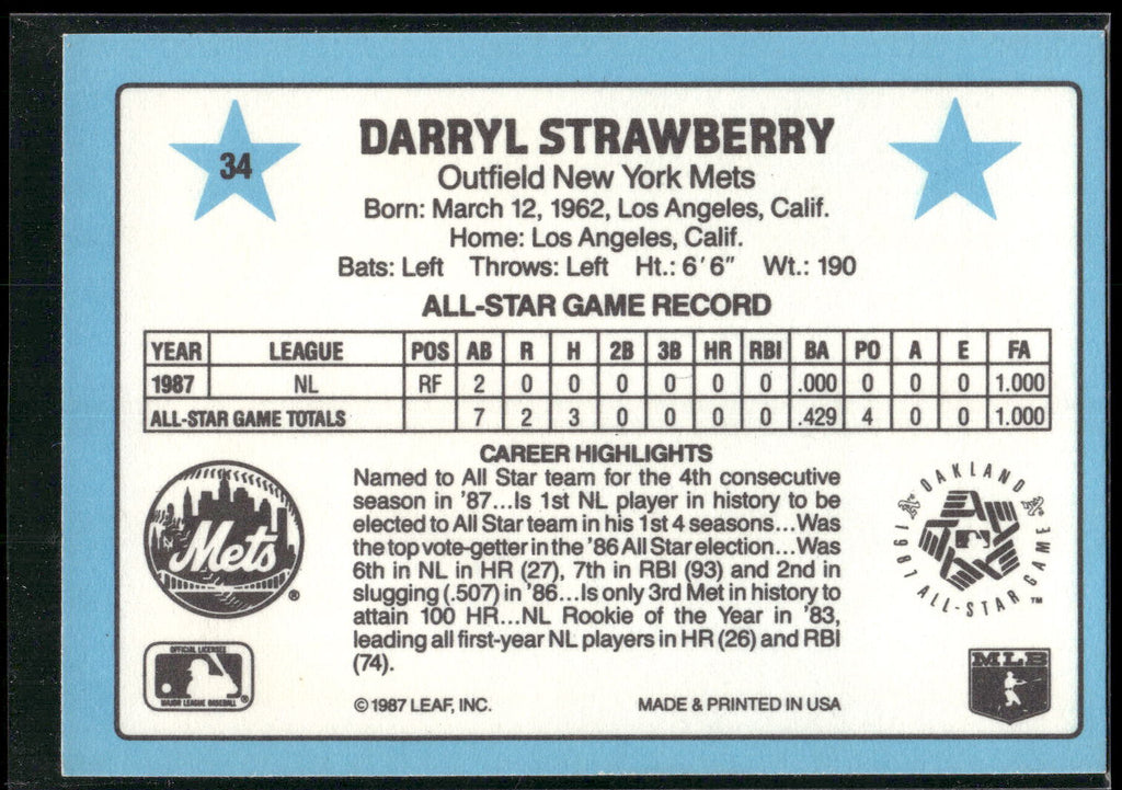 1988 Donruss All-Stars #34 Darryl Strawberry