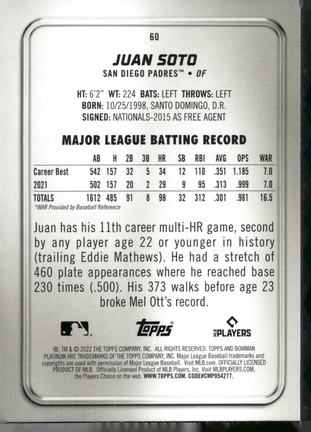 2022 Bowman Platinum #60 Juan Soto