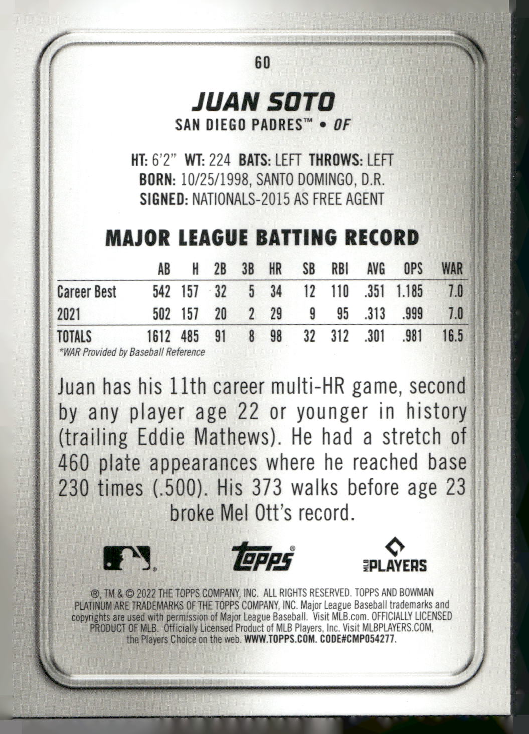 2022 Bowman Platinum #60 Juan Soto