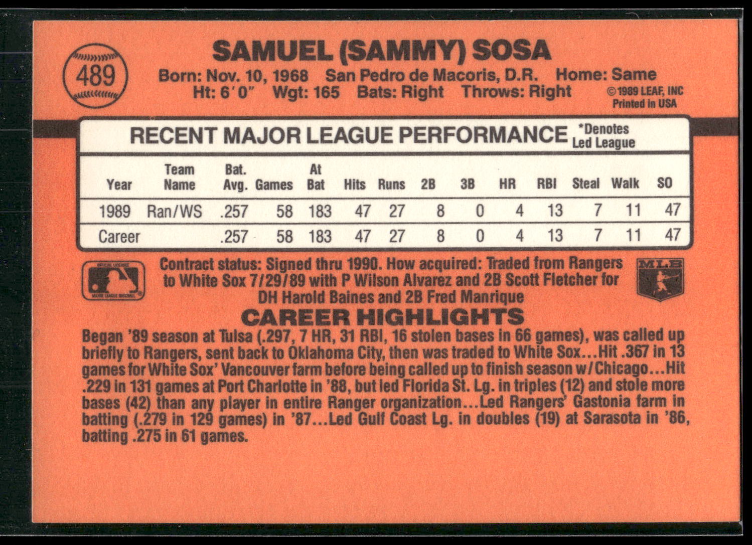 1990 Donruss #489 Sammy Sosa