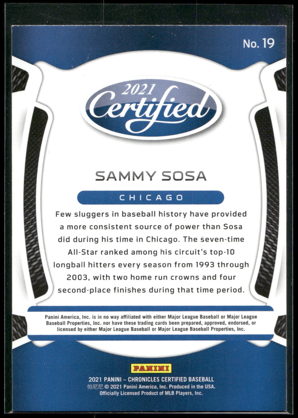 2021 Panini Chronicles #19 Sammy Sosa Certified