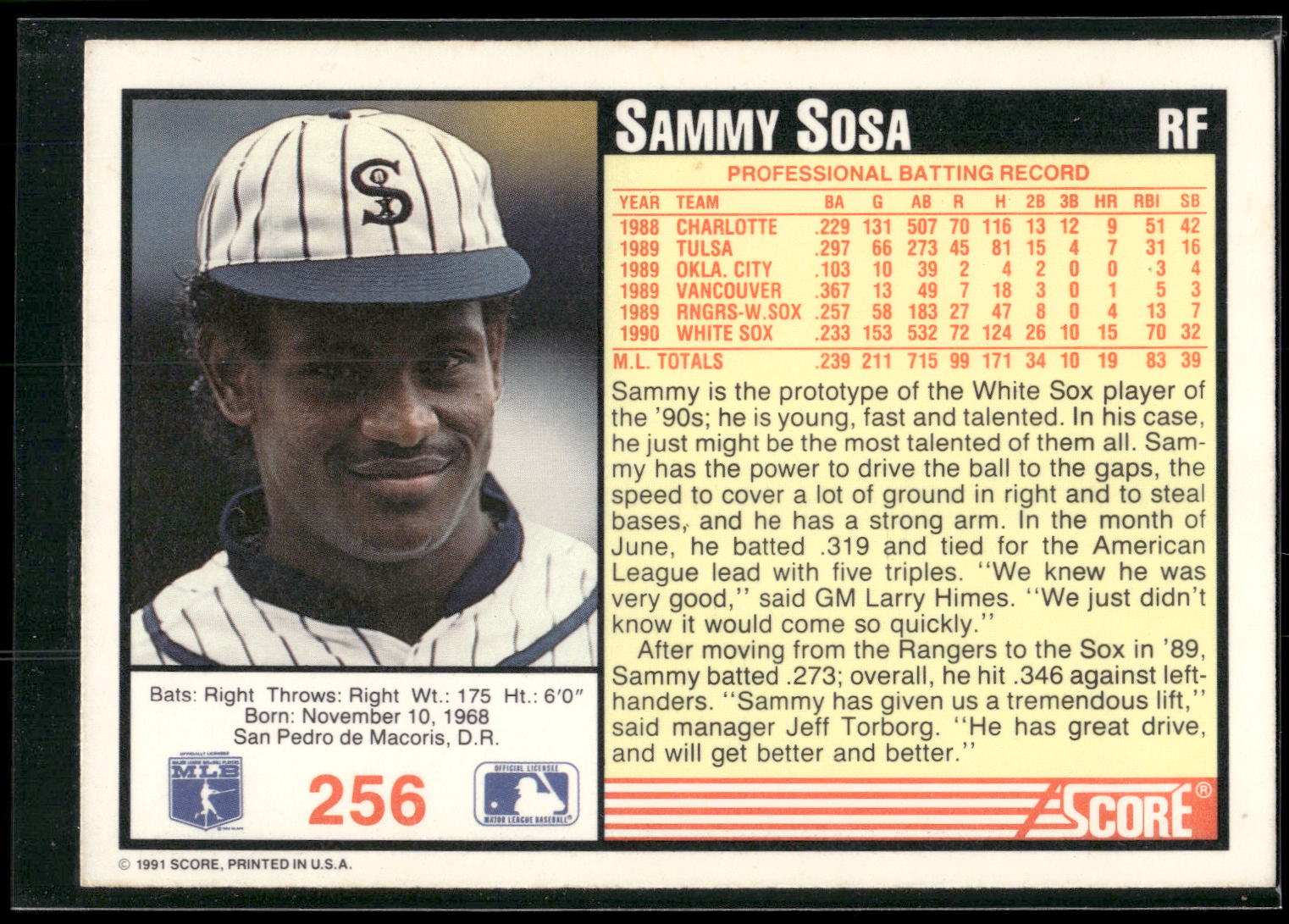 1991 Score #256 Sammy Sosa