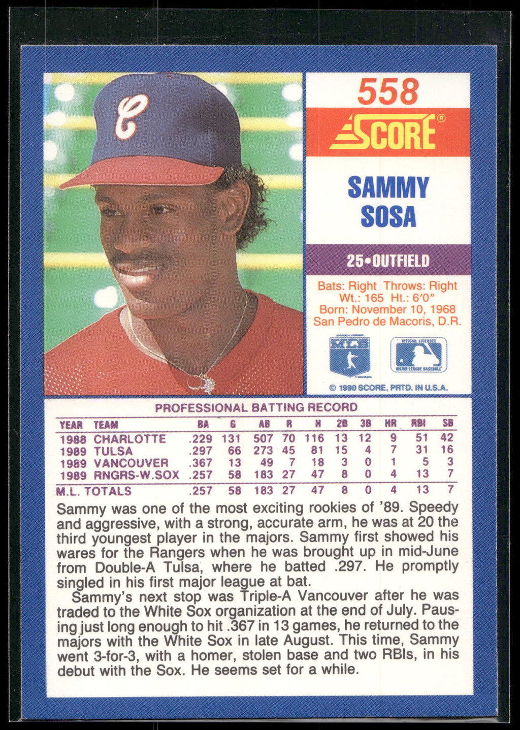 1990 Score #558 Sammy Sosa
