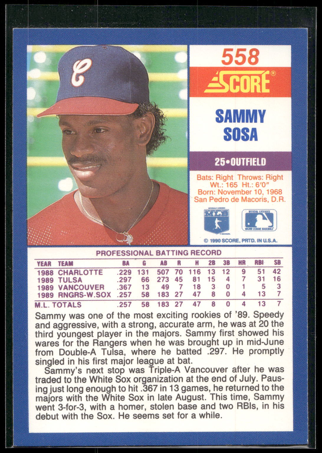 1990 Score #558 Sammy Sosa