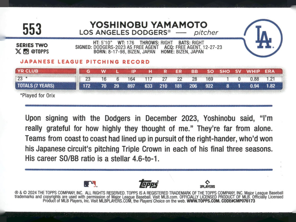 2024 Topps #553 Yoshinobu Yamamoto