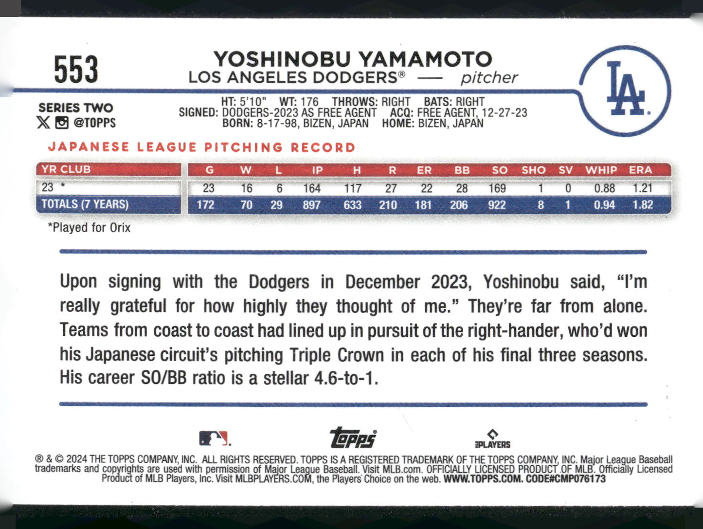 2024 Topps #553 Yoshinobu Yamamoto