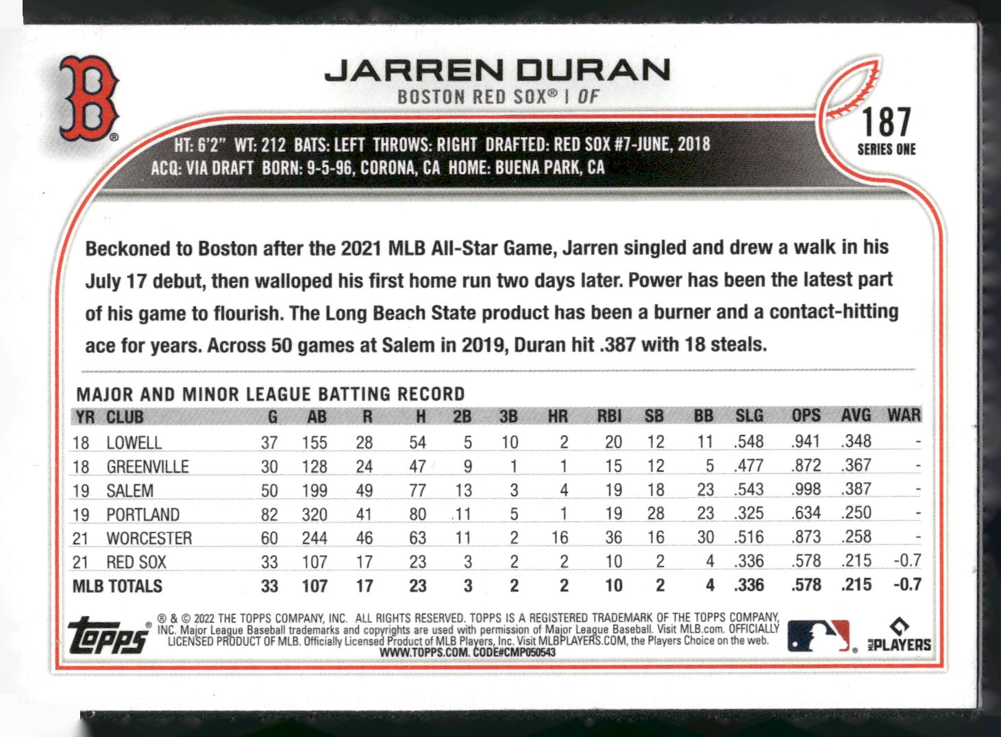 2022 Topps #187 Jarren Duran