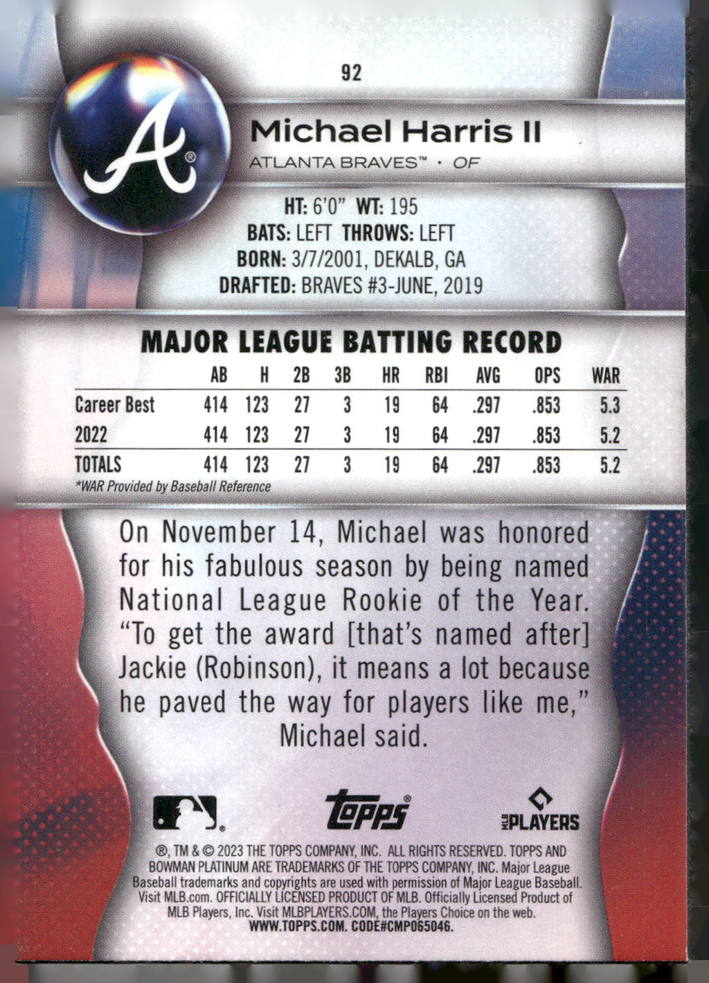 2023 Bowman Platinum #92 Michael Harris II