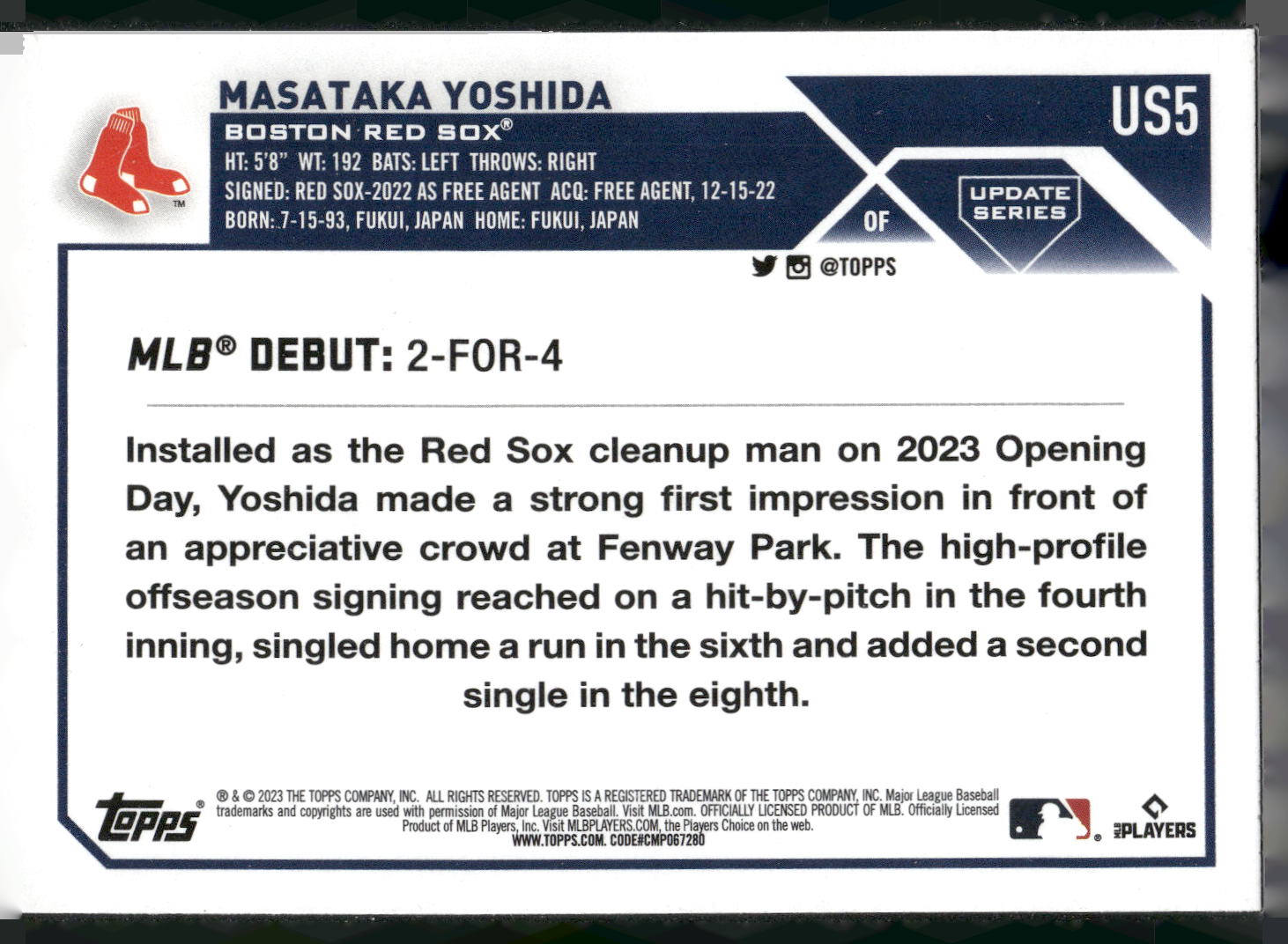 2023 Topps Update #US5 Masataka Yoshida