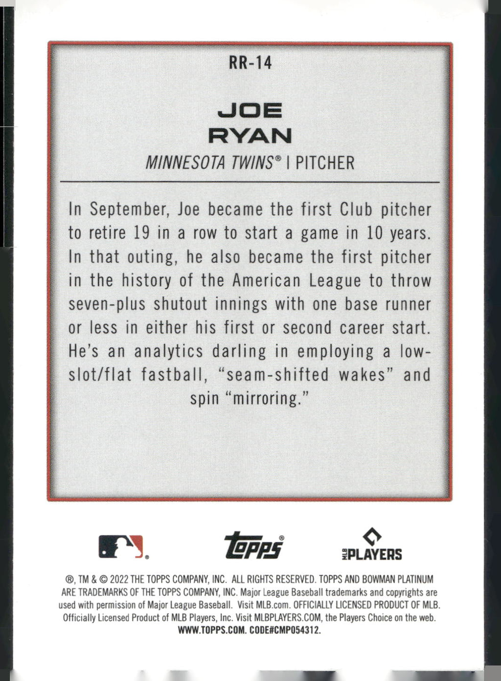 2022 Bowman Platinum #RR-14 Joe Ryan Renowned Rookies