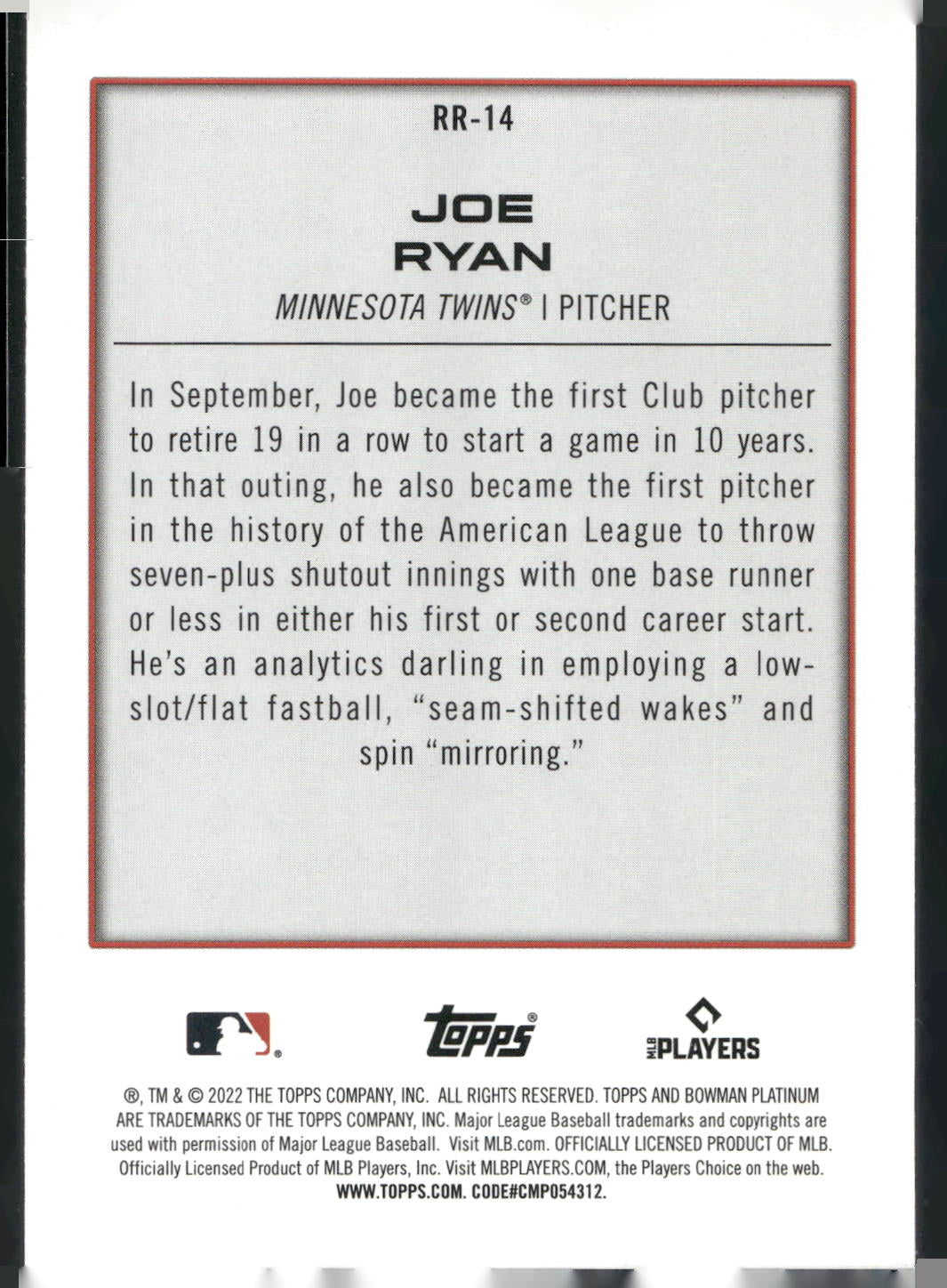 2022 Bowman Platinum #RR-14 Joe Ryan Renowned Rookies