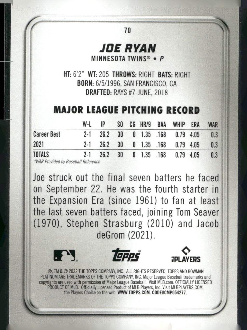 2022 Bowman Platinum #70 Joe Ryan