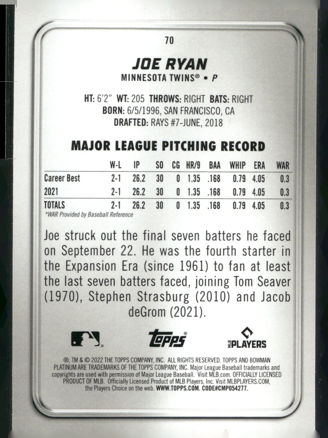 2022 Bowman Platinum #70 Joe Ryan