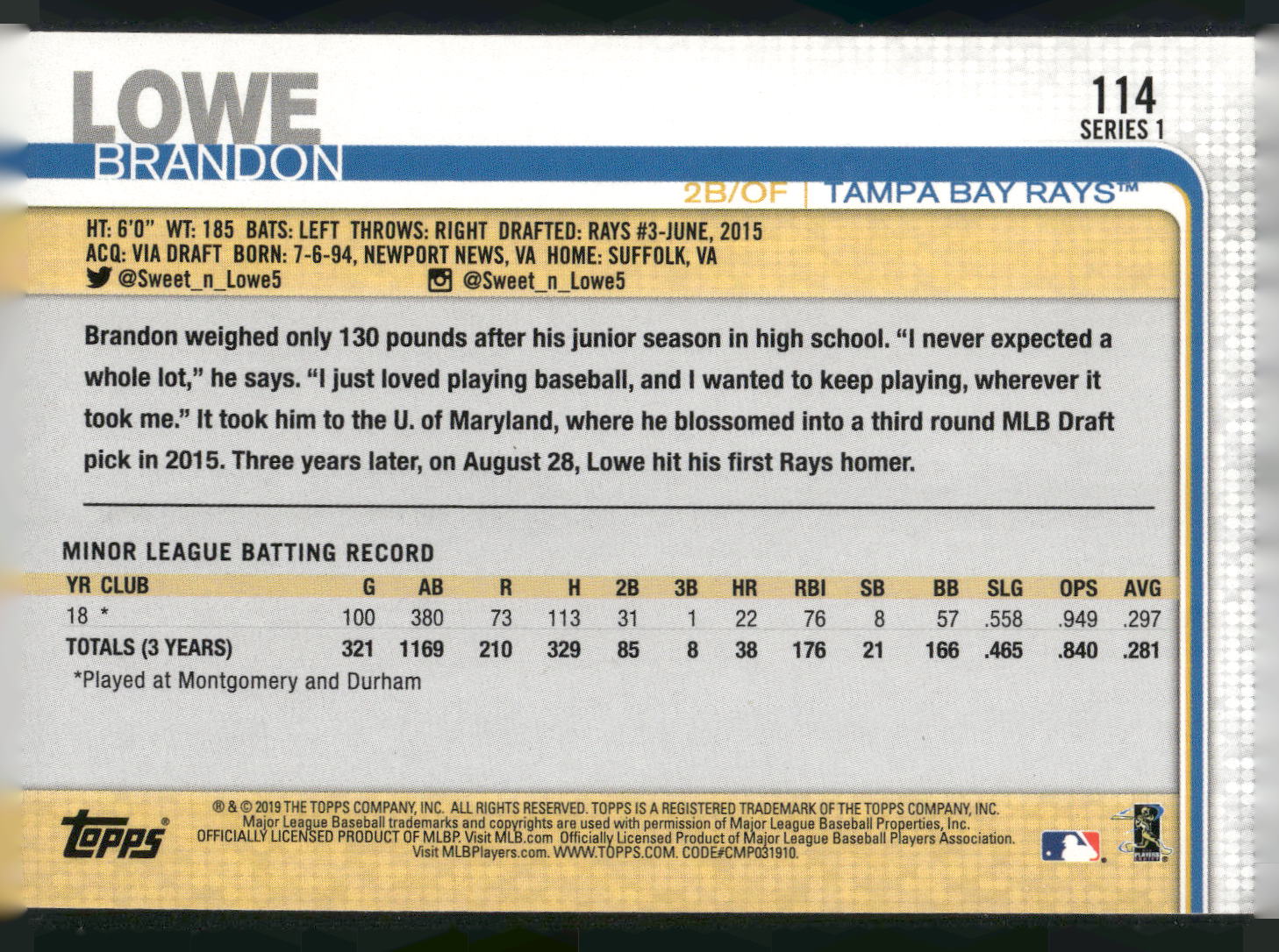 2019 Topps #114 Brandon Lowe