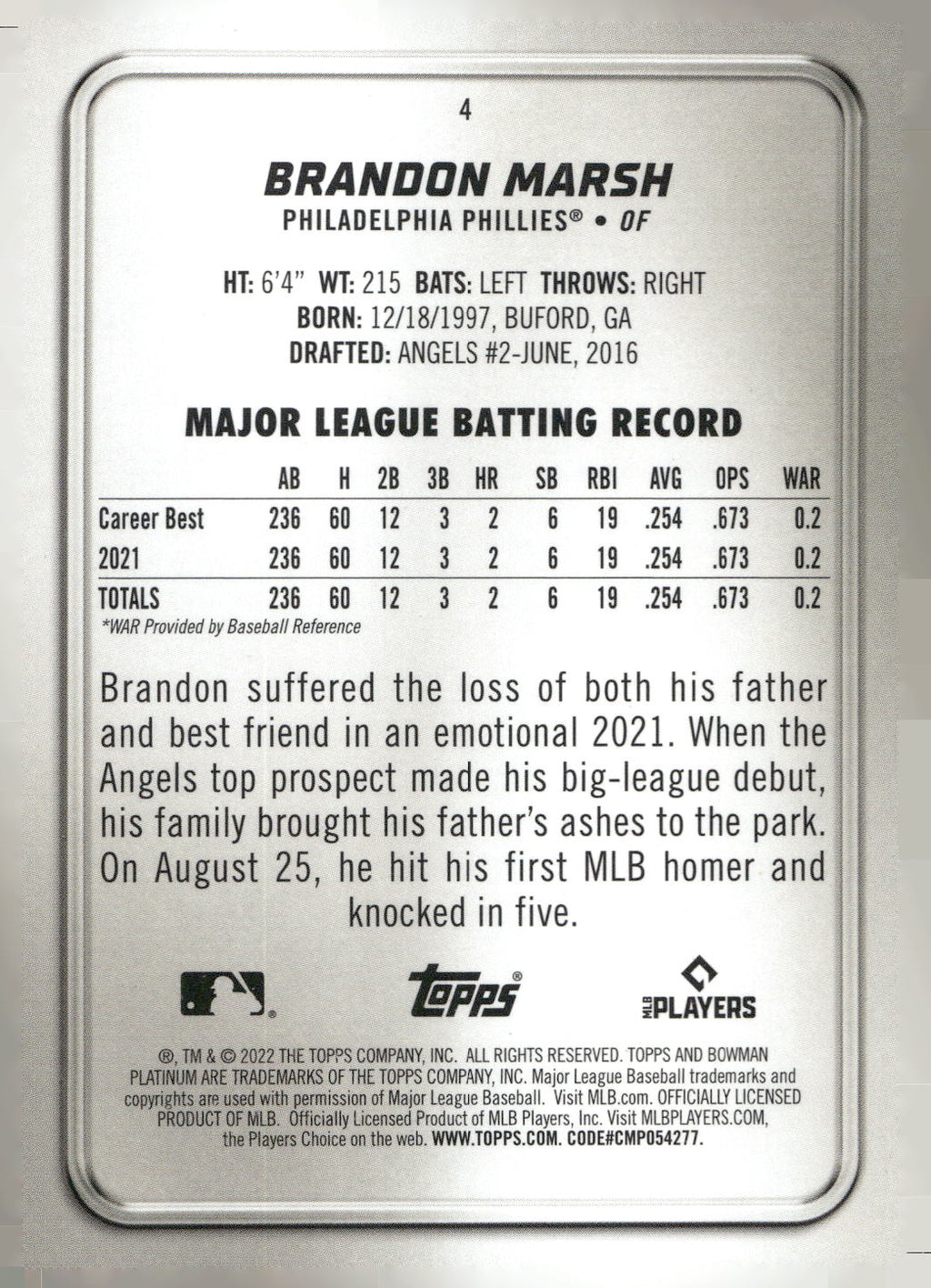 2022 Bowman Platinum #4 Brandon Marsh