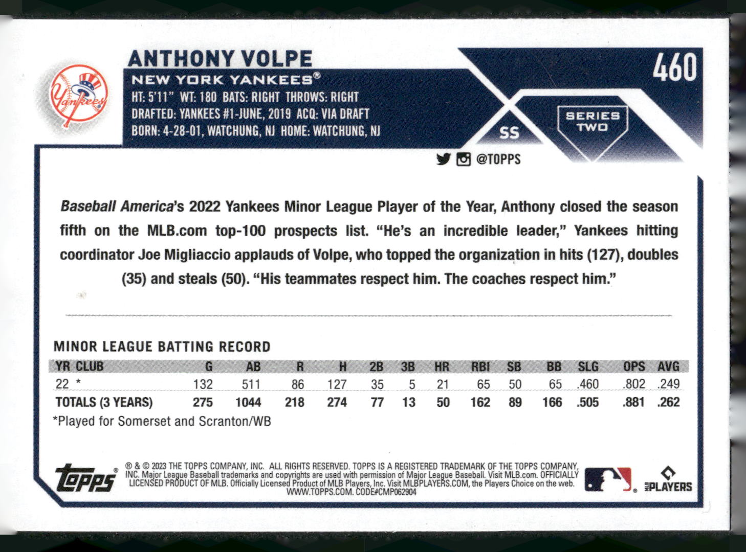 2023 Topps #460 Anthony Volpe