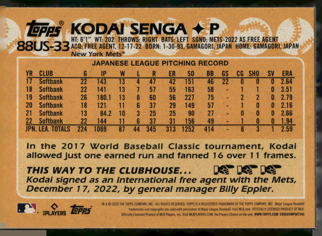 2023 Topps Update #88US-33 Kodai Senga 1988 Topps Baseball 35th Anniversary