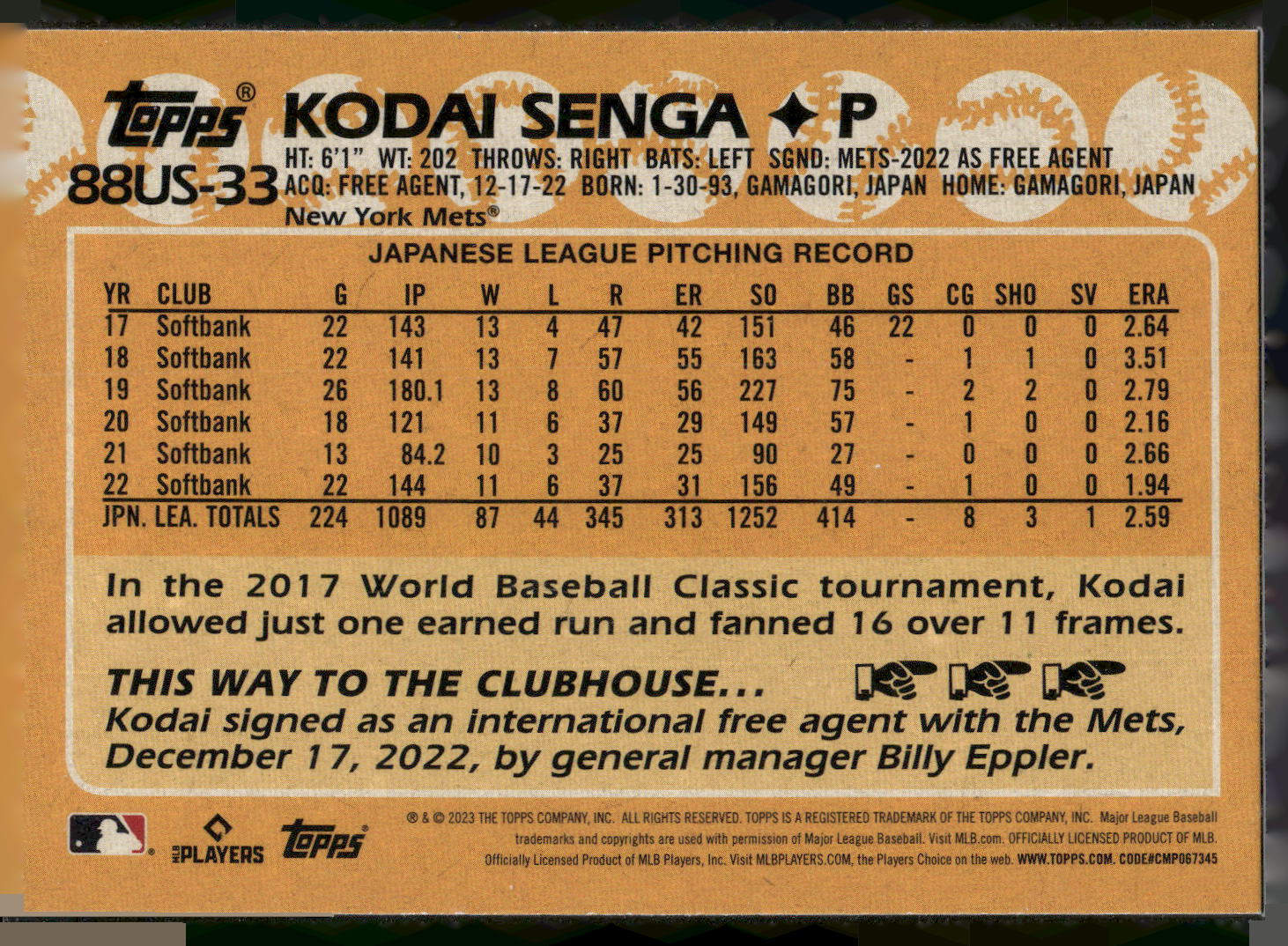 2023 Topps Update #88US-33 Kodai Senga 1988 Topps Baseball 35th Anniversary