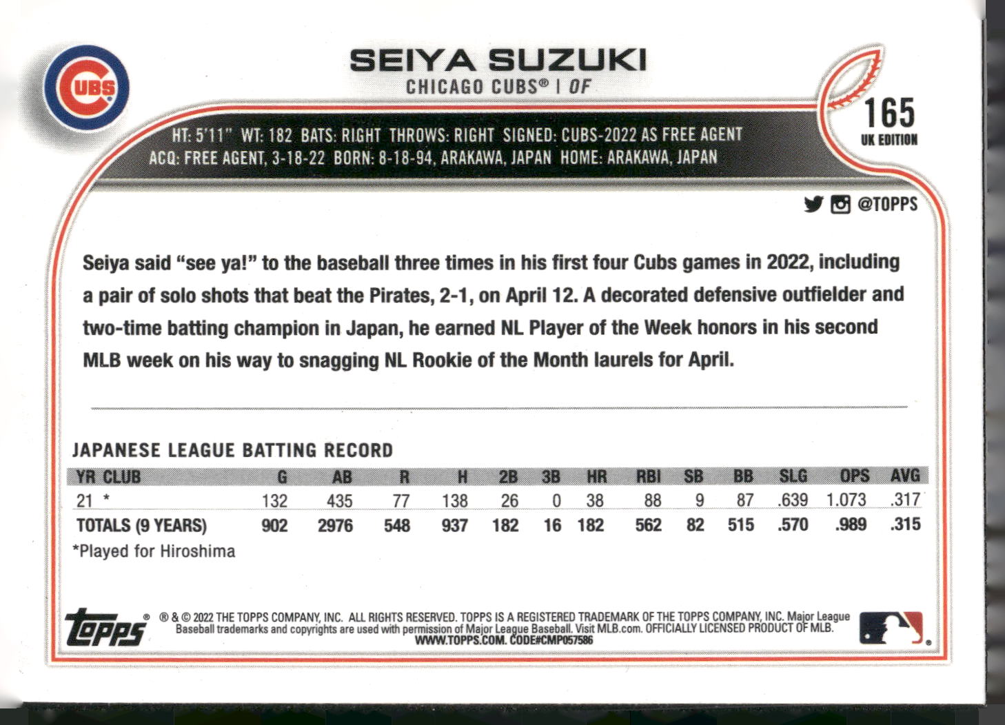 2022 Topps UK Edition #165 Seiya Suzuki