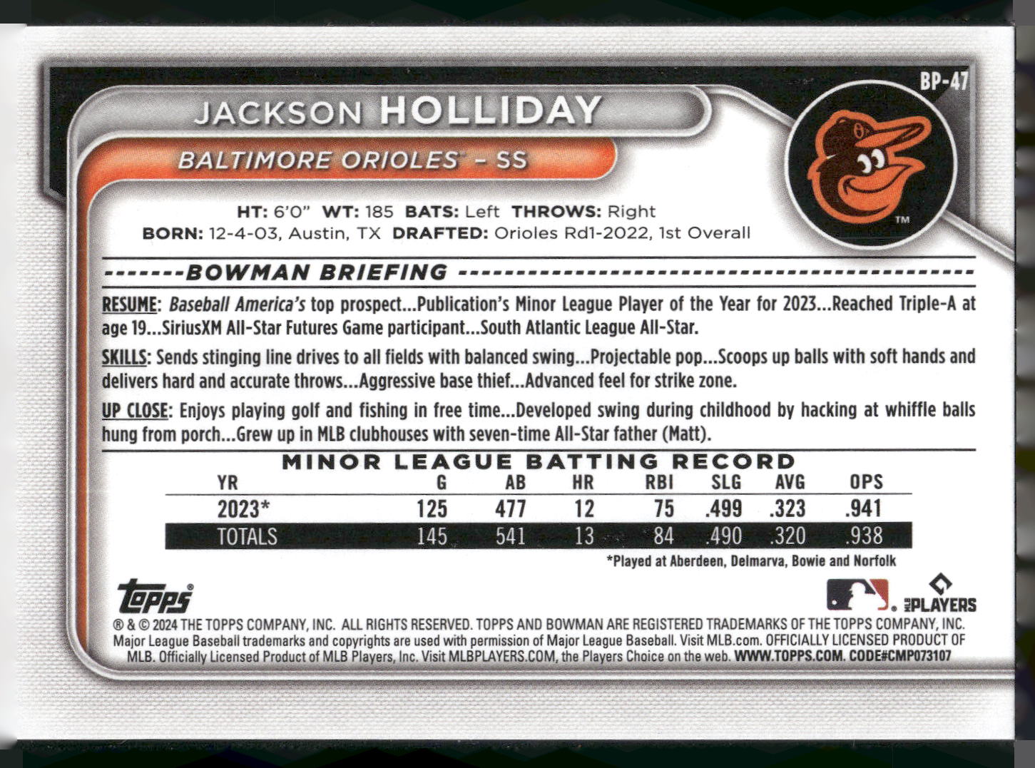 2024 Bowman #BP-47 Jackson Holliday Prospects