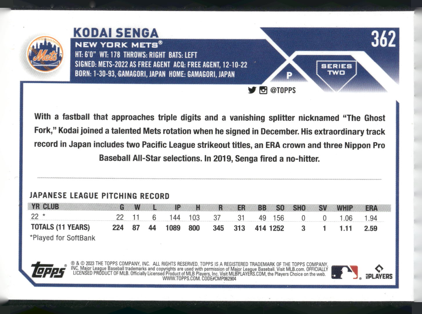2023 Topps #362 Kodai Senga