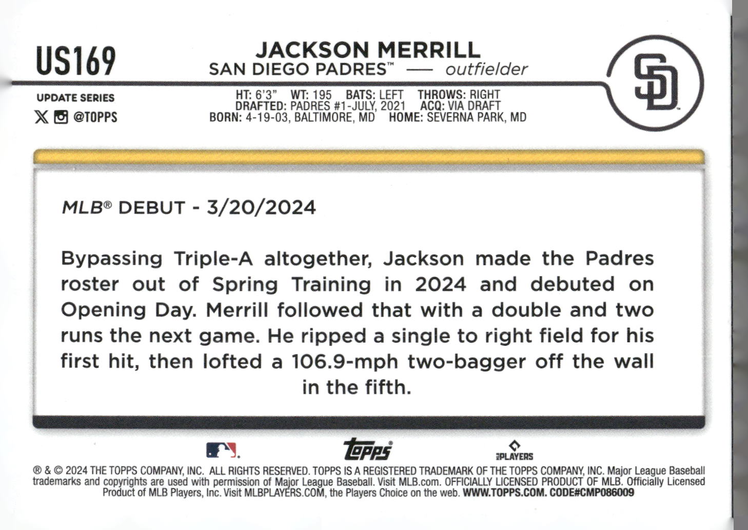 2024 Topps Update #US169 Jackson Merrill