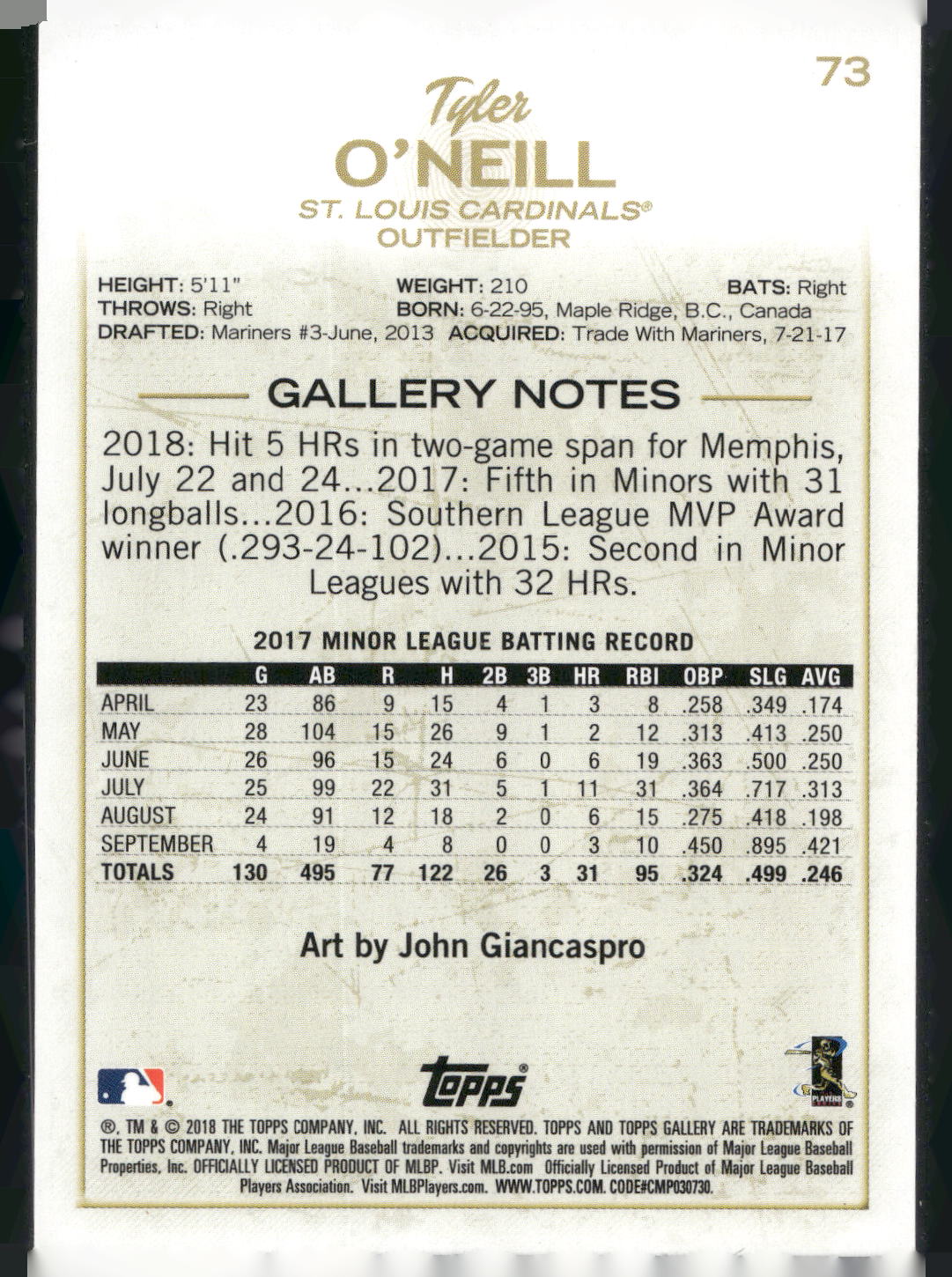 2018 Topps Gallery #73 Tyler O'Neill