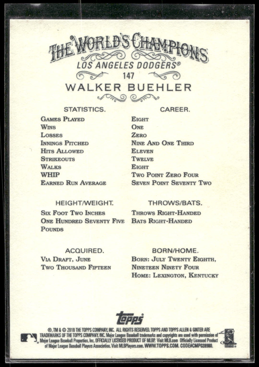 2018 Topps Allen & Ginter #147 Walker Buehler