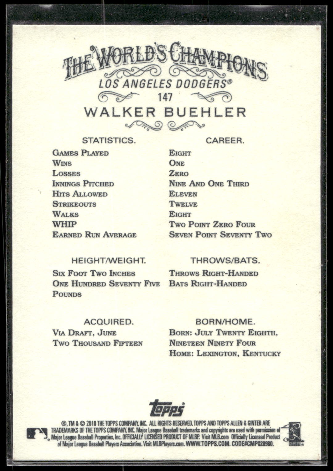 2018 Topps Allen & Ginter #147 Walker Buehler