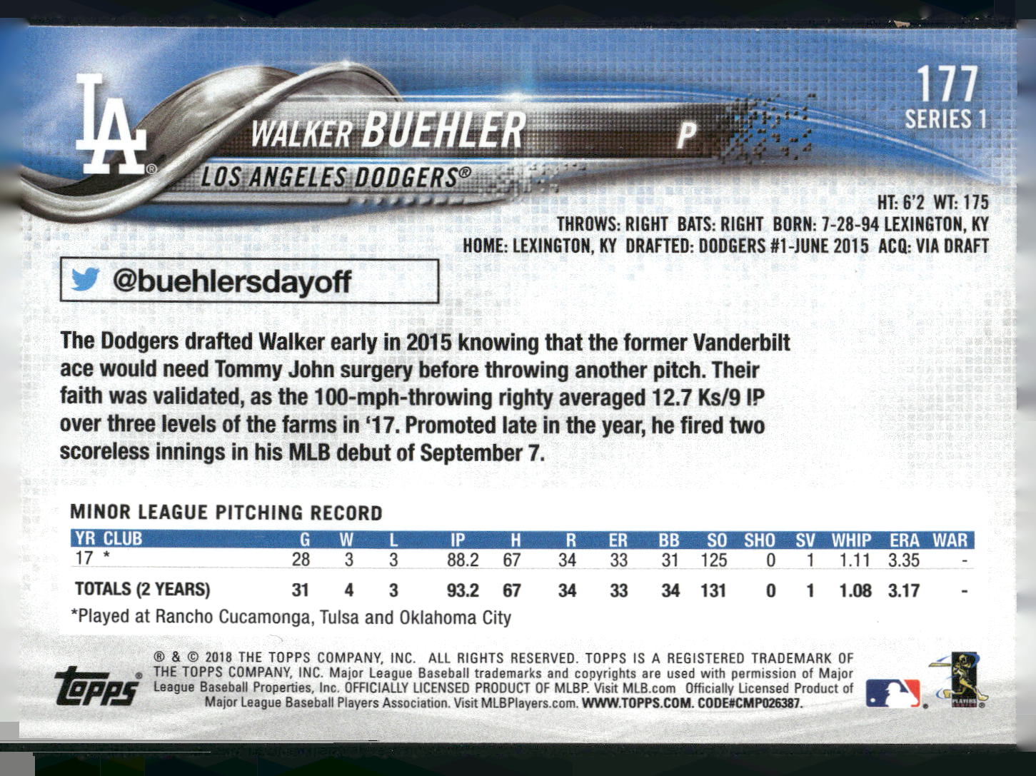 2018 Topps #177 Walker Buehler