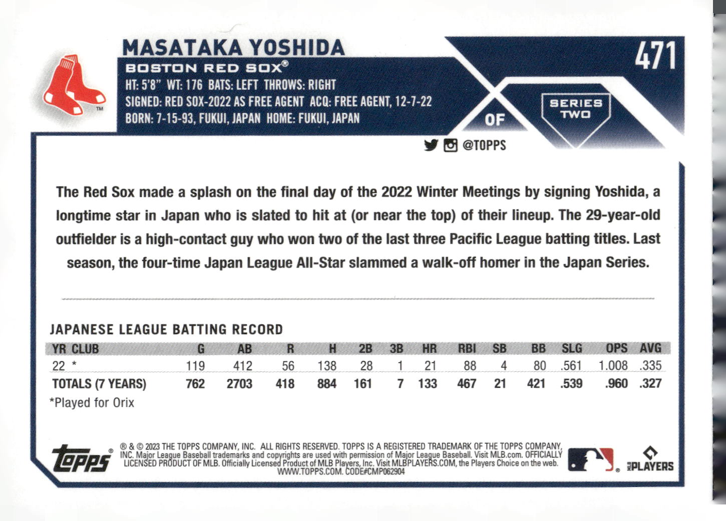 2023 Topps #471 Masataka Yoshida