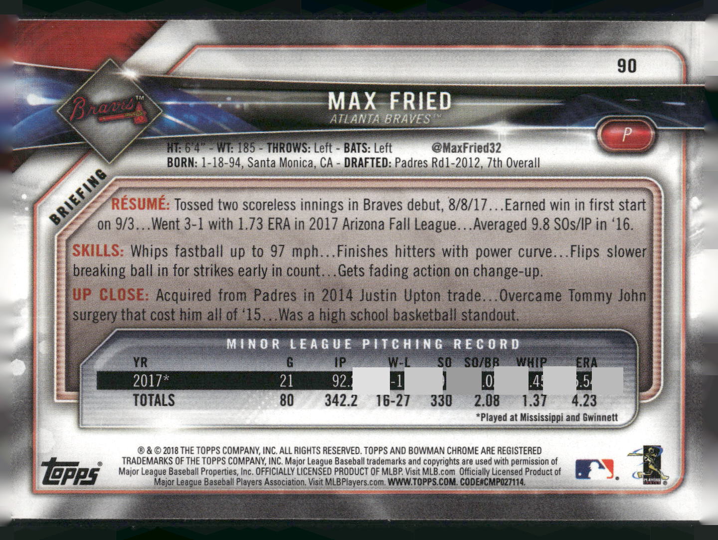 2018 Bowman #90 Max Fried