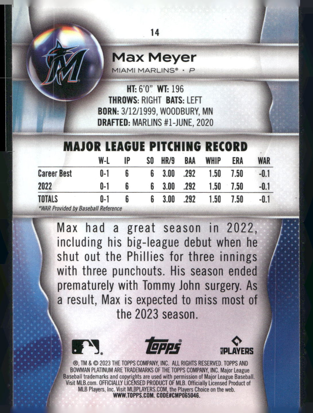 2023 Bowman Platinum #14 Max Meyer Ice Foil