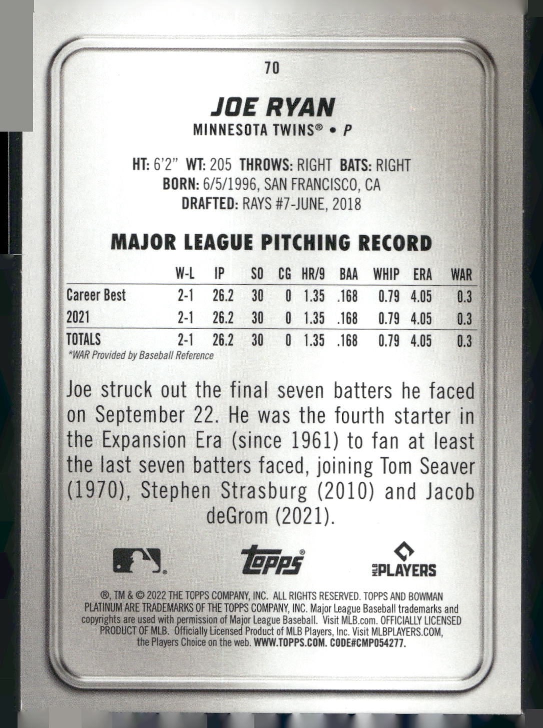 2022 Bowman Platinum #70 Joe Ryan