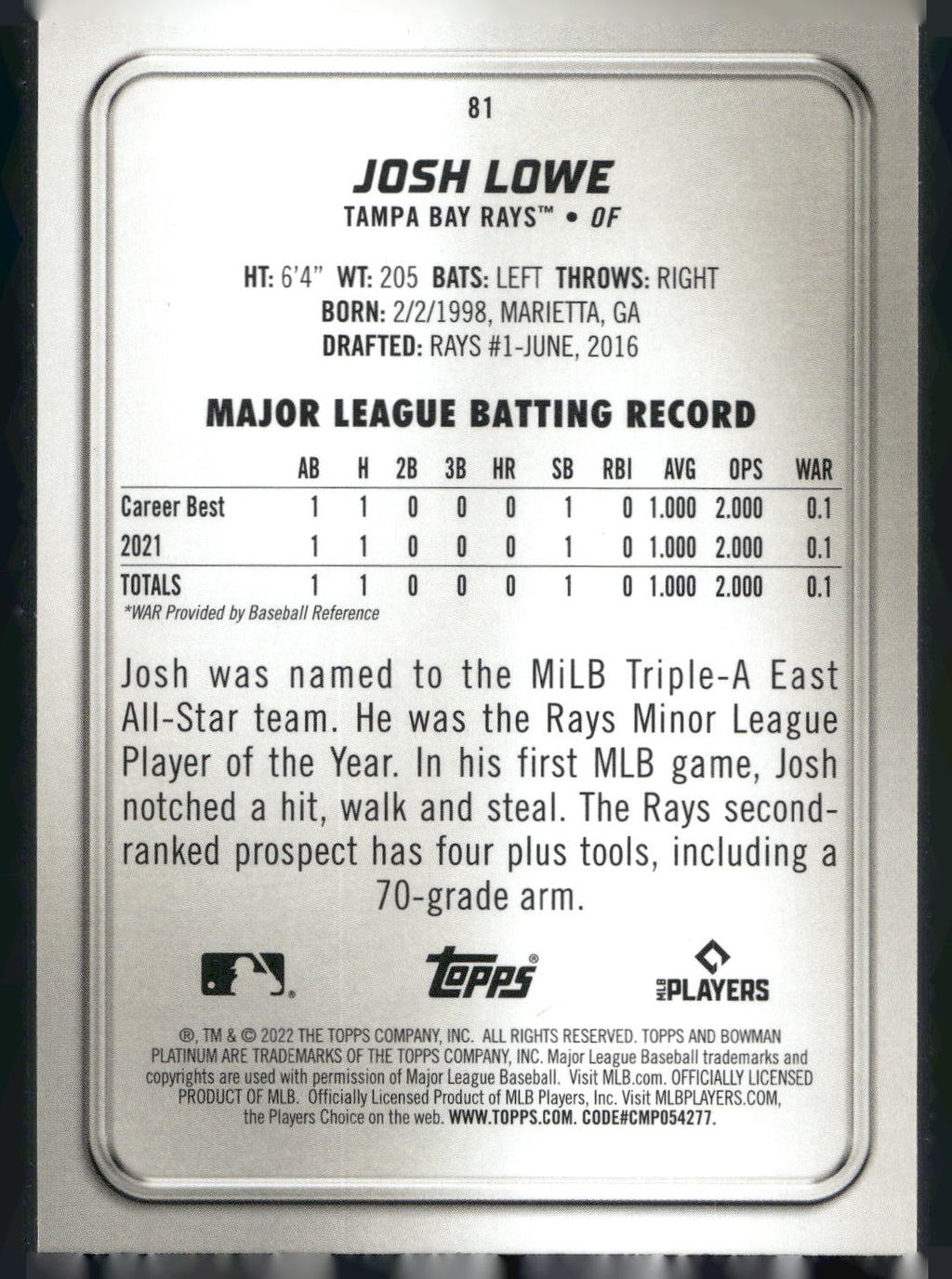 2022 Bowman Platinum #81 Josh Lowe