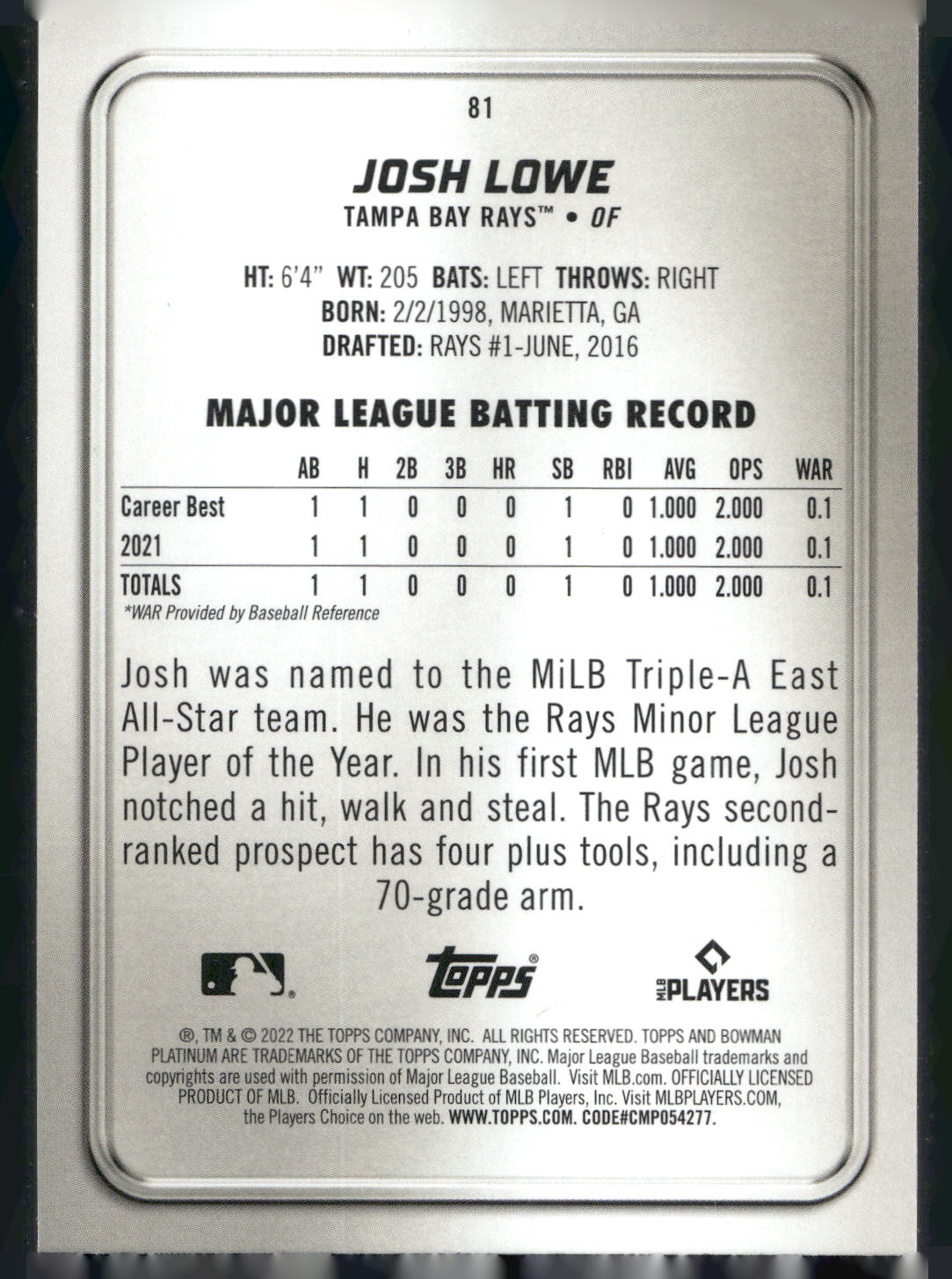 2022 Bowman Platinum #81 Josh Lowe