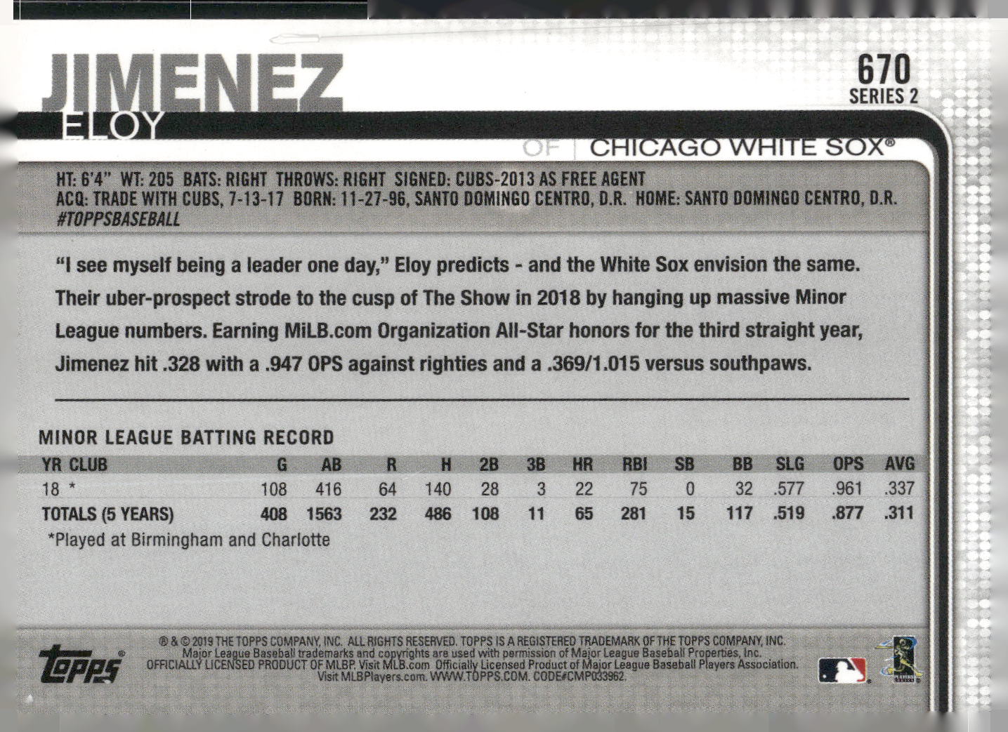 2019 Topps #670 Eloy Jimenez