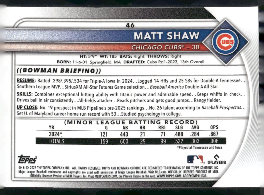 2025 Bowman Chrome #46 Matt Shaw Mojo Refractors