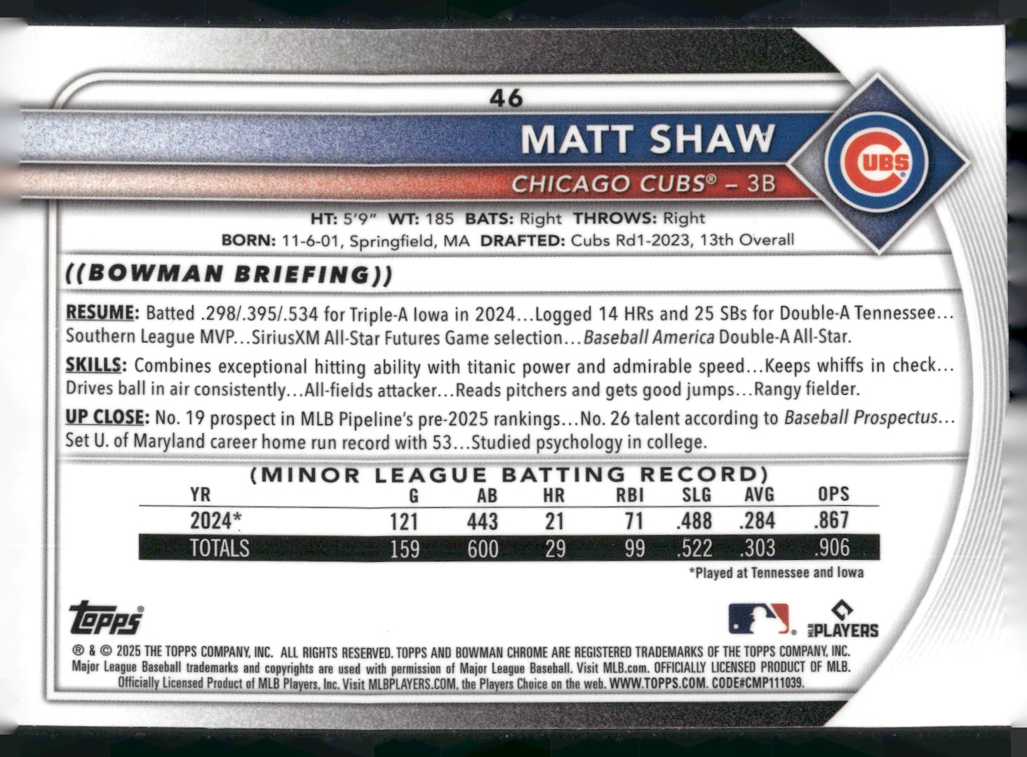 2025 Bowman Chrome #46 Matt Shaw Mojo Refractors