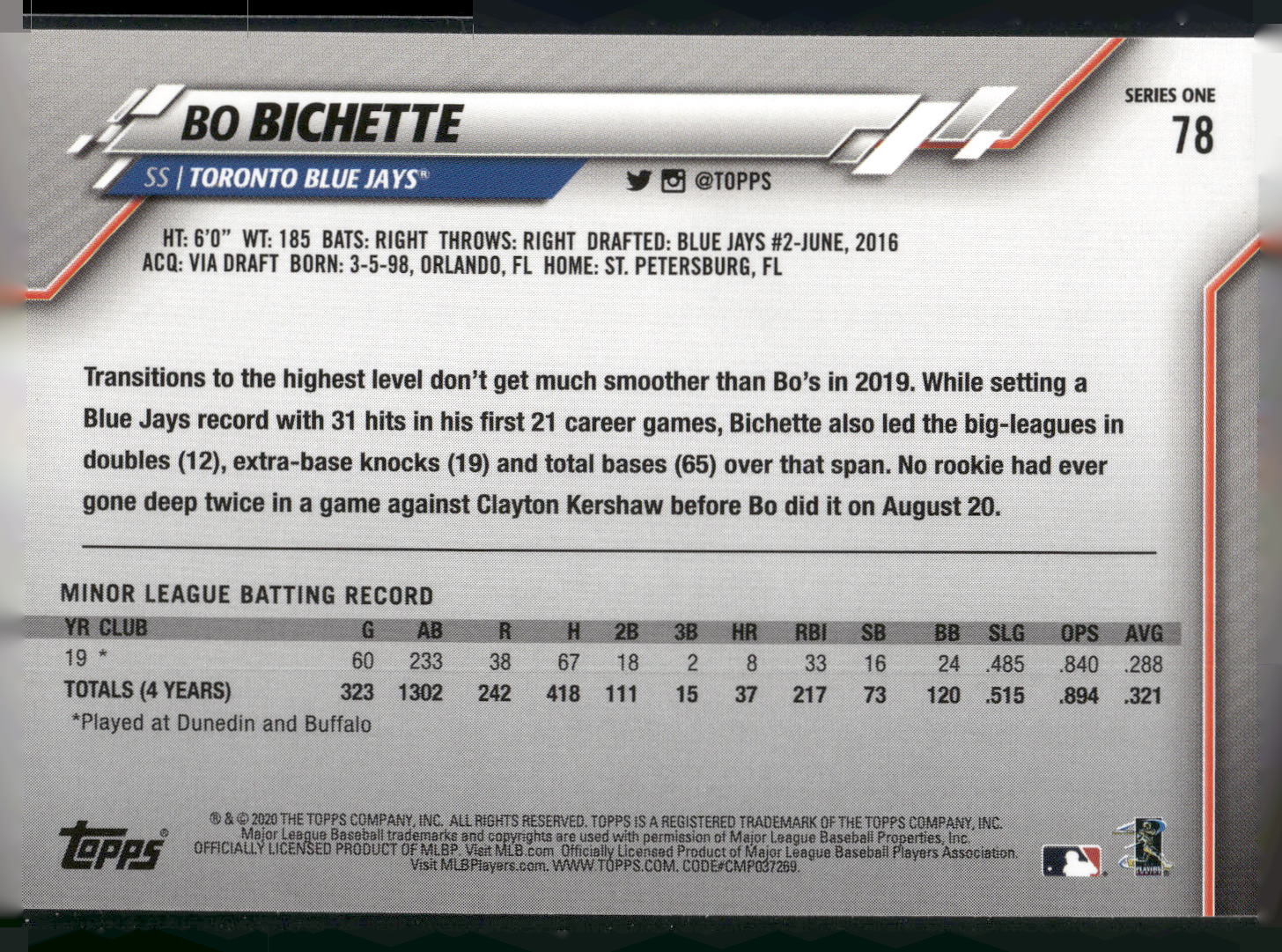 2020 Topps #78 Bo Bichette