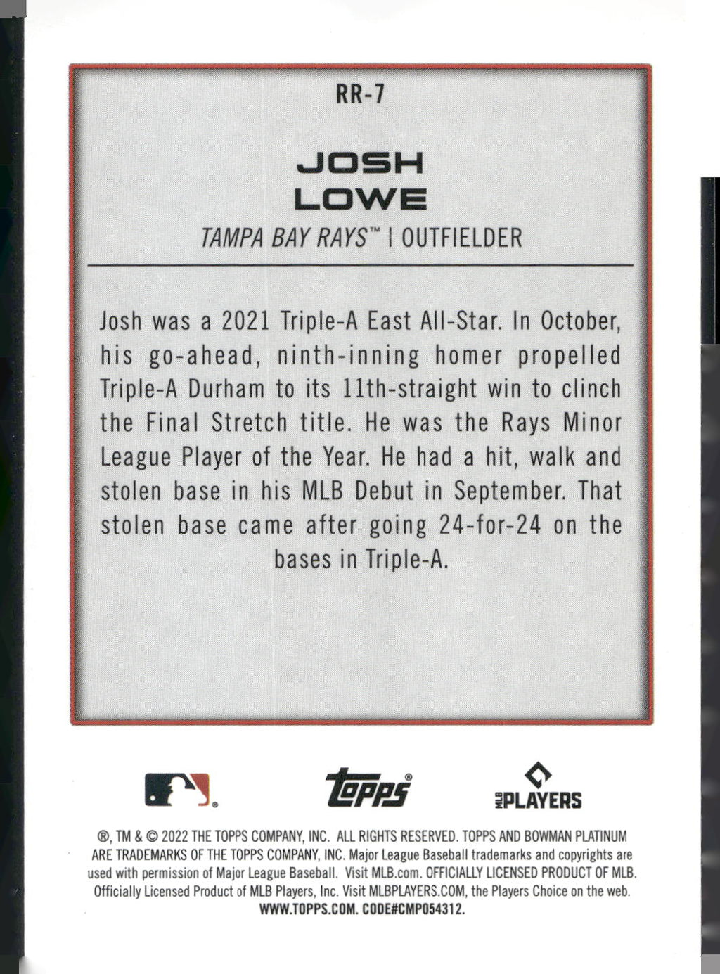 2022 Bowman Platinum #RR-7 Josh Lowe Renowned Rookies
