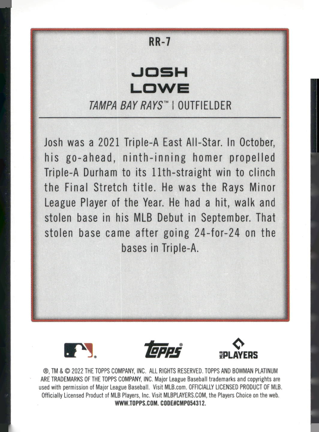 2022 Bowman Platinum #RR-7 Josh Lowe Renowned Rookies