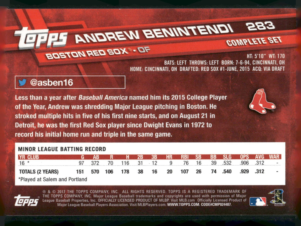 2017 Topps #283 Andrew Benintendi Factory Set Bonus: Rookie Image Variation