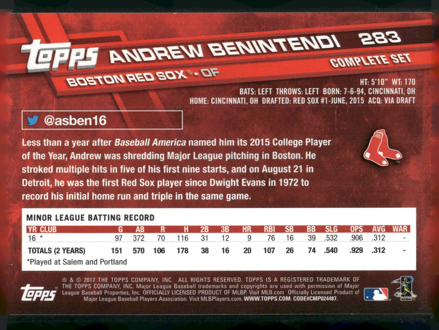 2017 Topps #283 Andrew Benintendi Factory Set Bonus: Rookie Image Variation