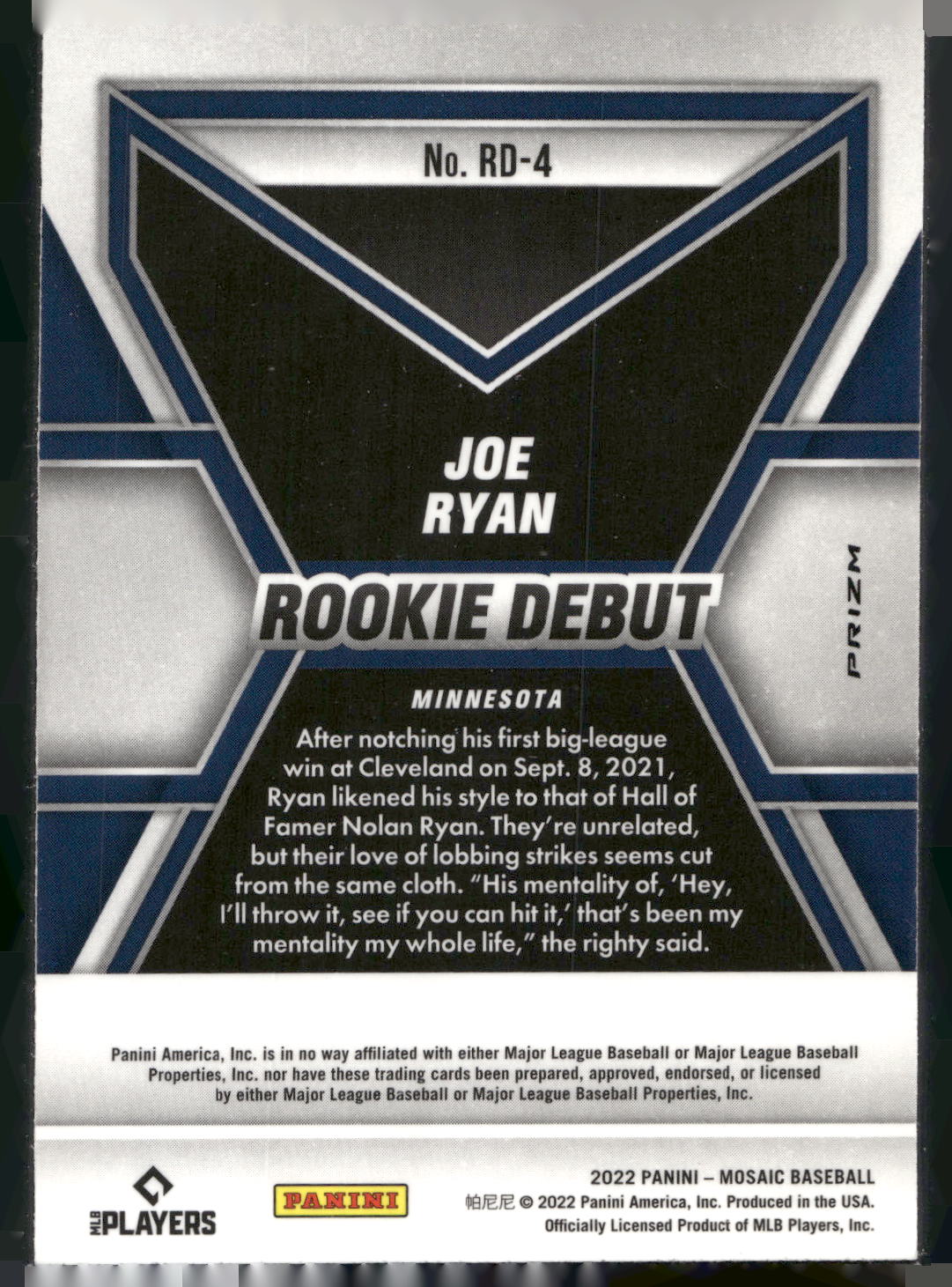 2022 Panini Mosaic #RD-4 Joe Ryan Rookie Debut Green Mosaic