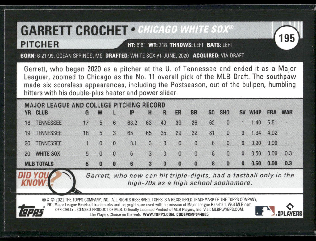 2021 Topps Big League #195 Garrett Crochet